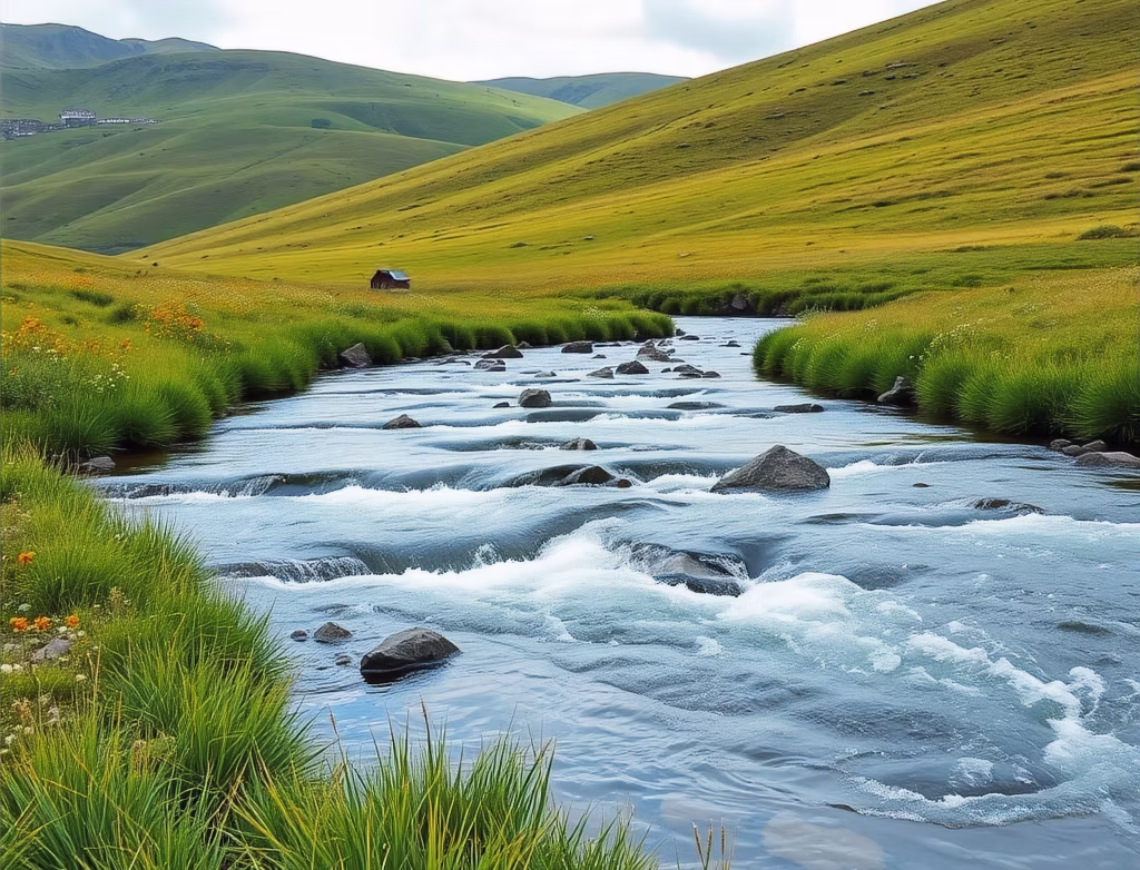 A brook moving gently over stones through green hills